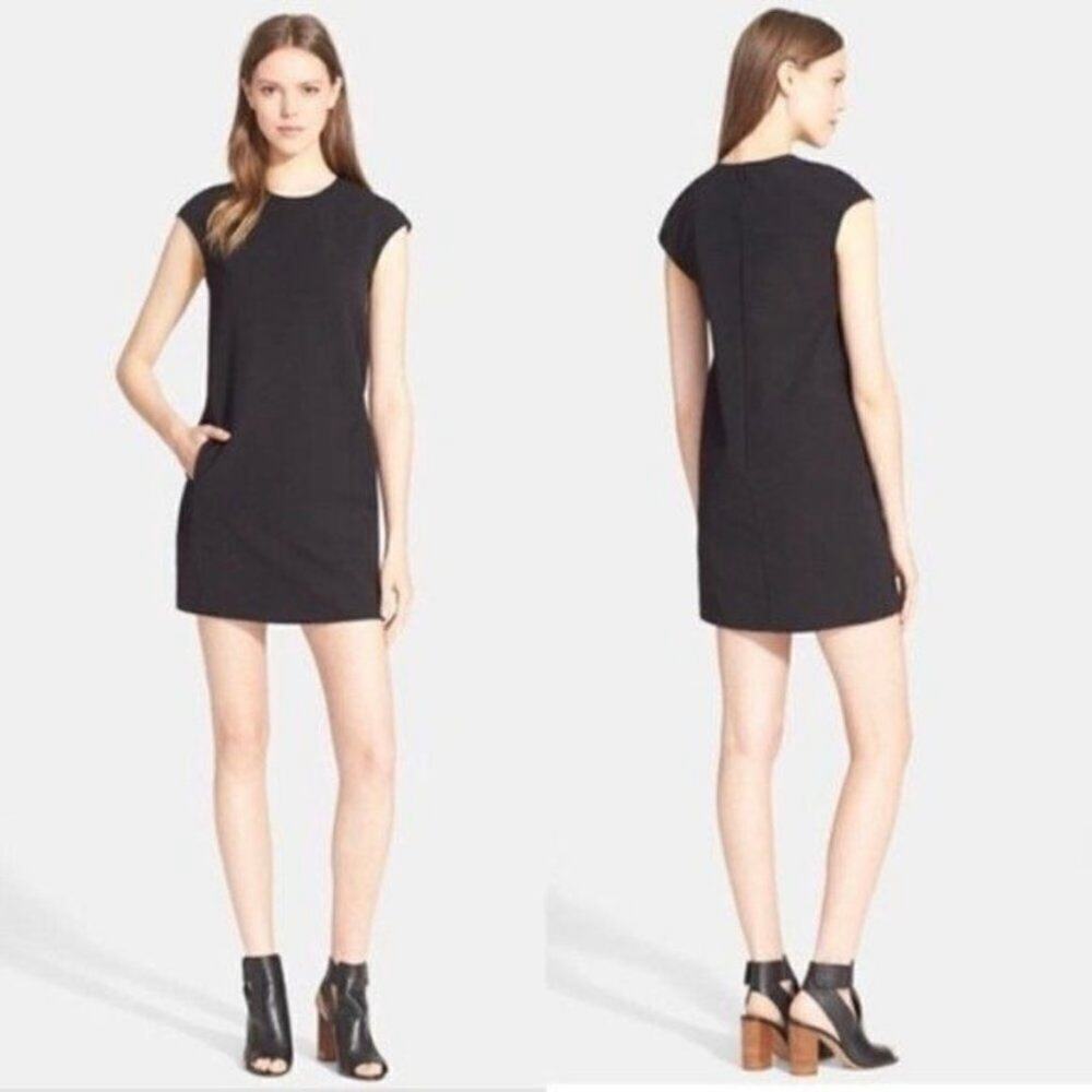 Vince Leather Piped Crepe Shift Mini Tunic Dress size Medium Charcoal Black - Picture 3 of 15